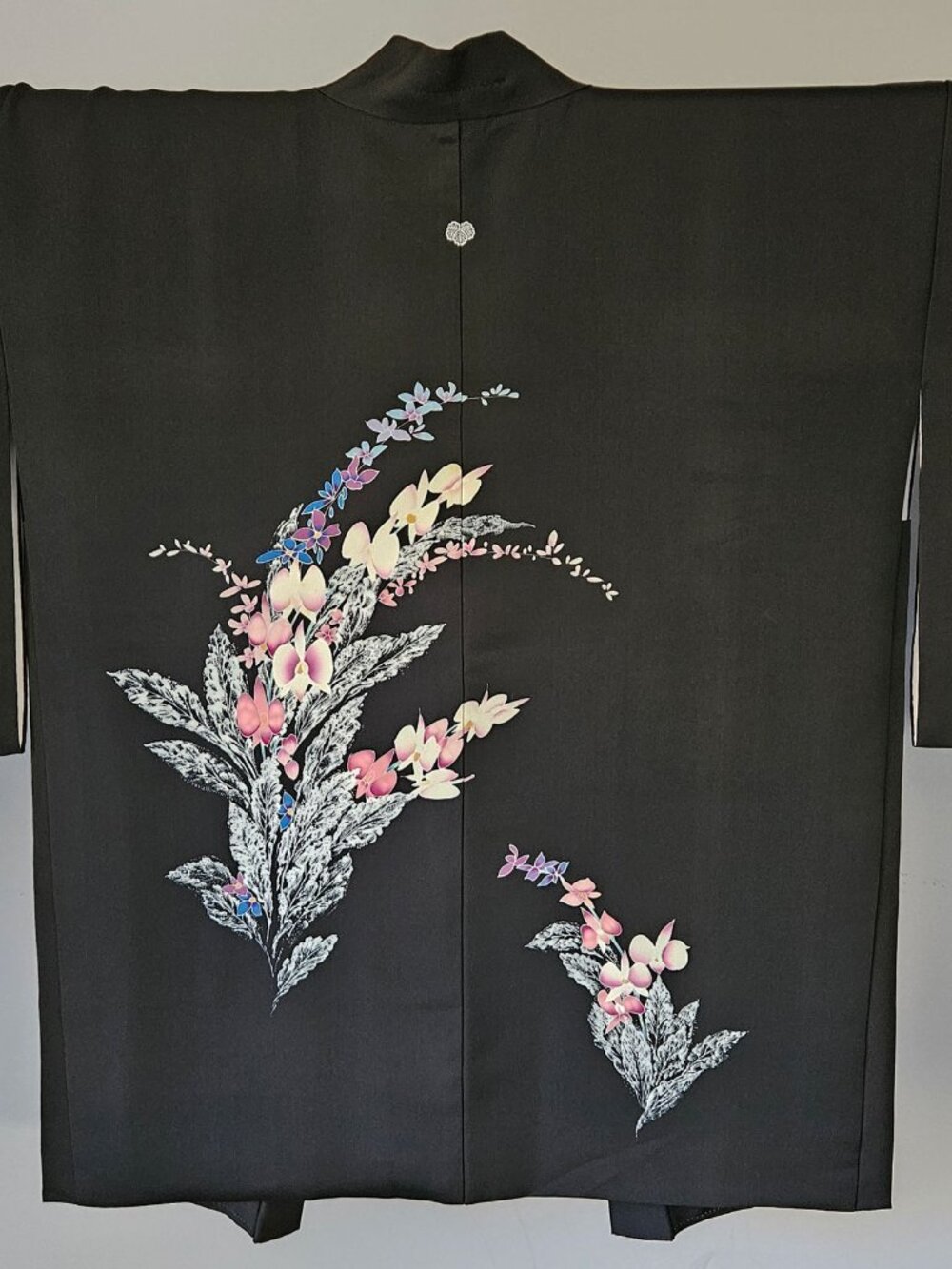 Vintage Silk Kimono Jacket: Hand-Stitched Haori with Yuzen Orchid Dye